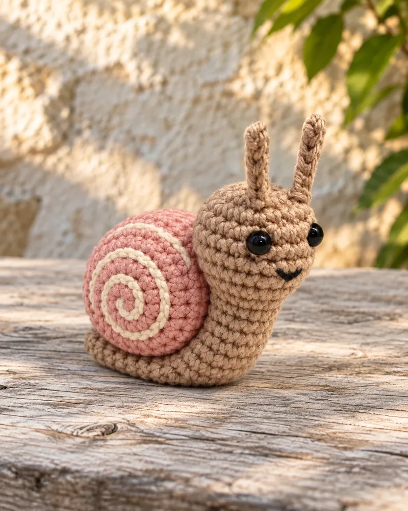 Illustration: a crocheted snail with a taupe body, two thin stalks, glossy black eyes and a small smile, its dusty-rose shell with a cream spiral, on a weathered wooden plank in front of a sunlit stone wall and green leaves, seen from the front right.